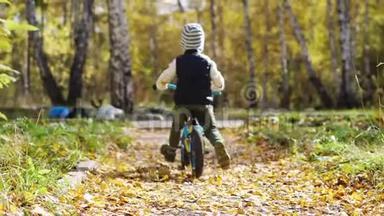 晴天的秋天公园里骑自行车的小男孩。 快乐的童年。 慢动作。 3840x2160